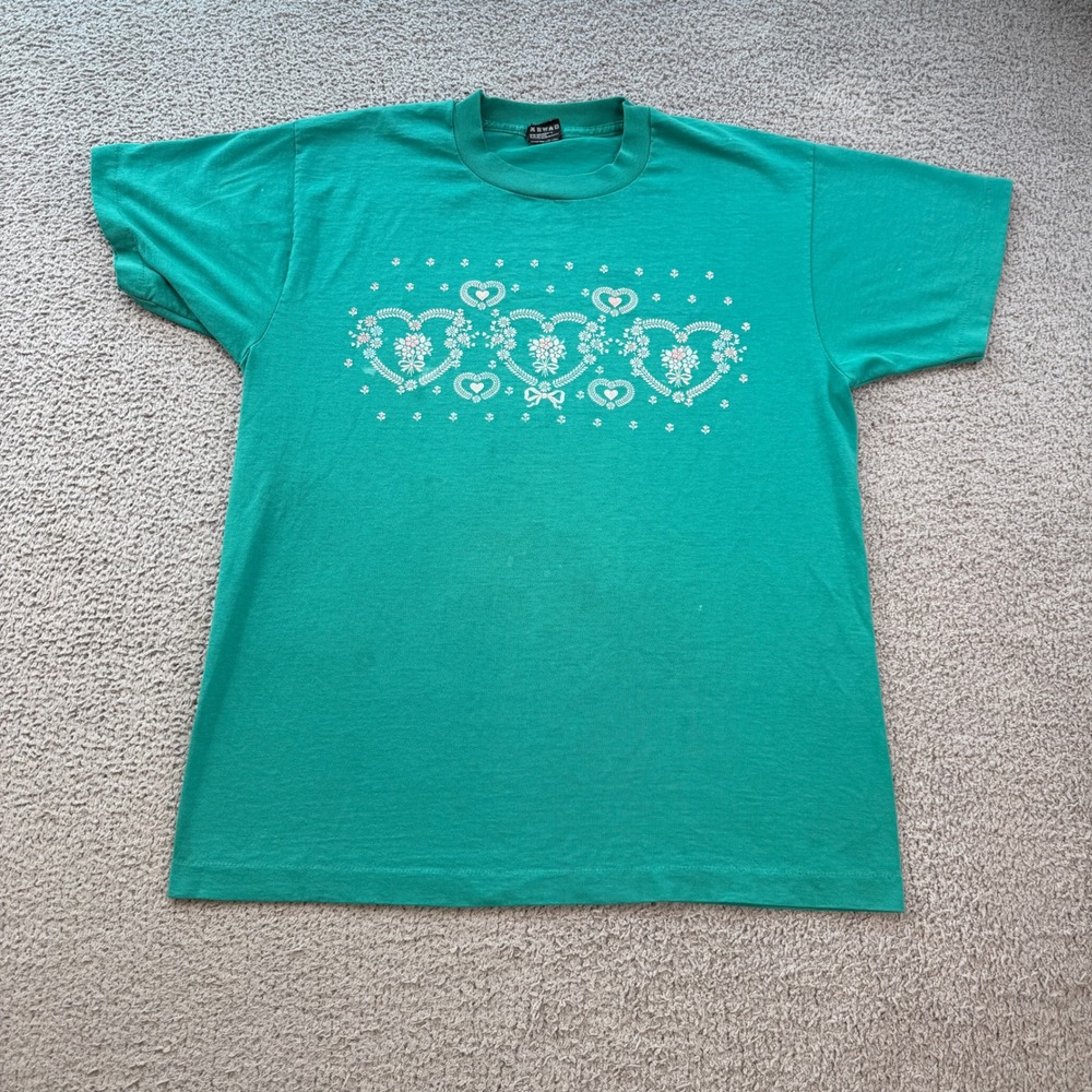 Vintage 90s Floral Hearts T-Shirt Single Stitch L Fruit of the Loom Best Green